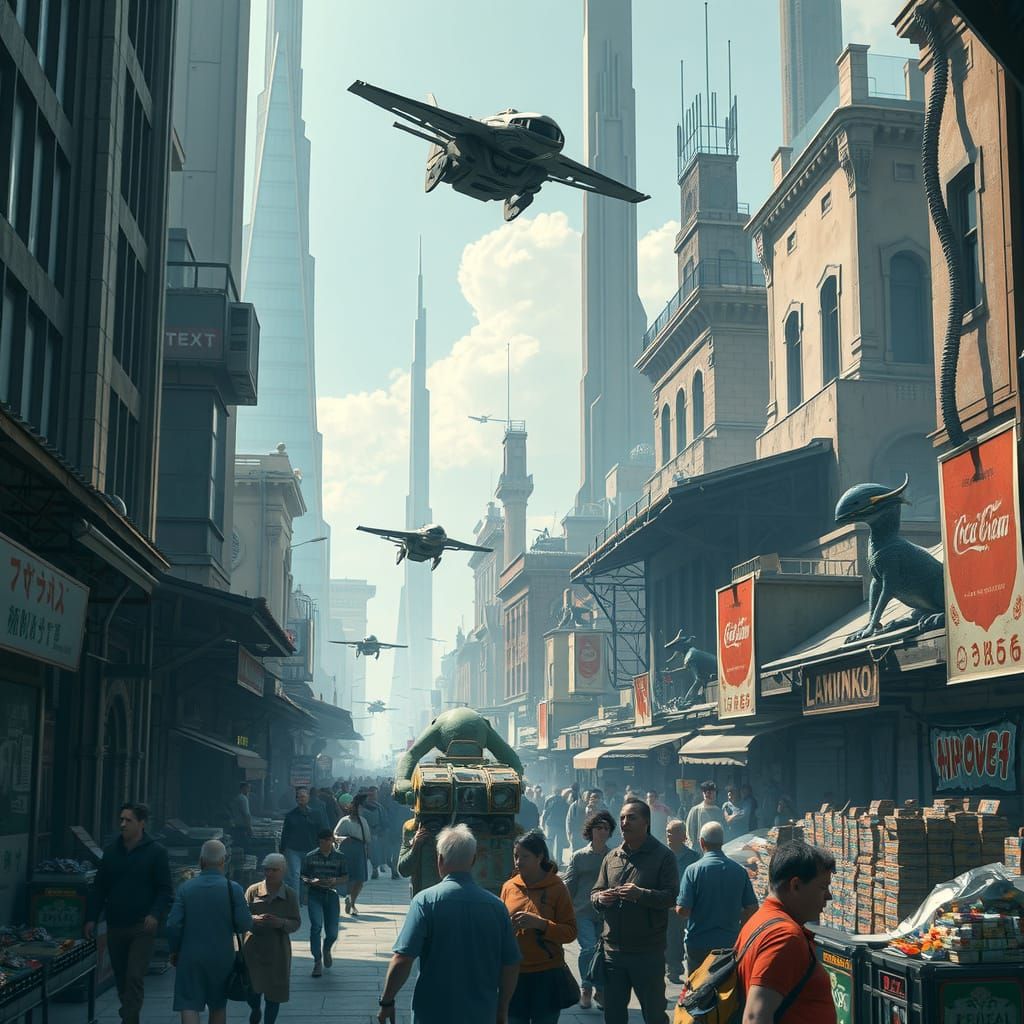 Futuristic City Marketplace with Exotic Alien Creatures