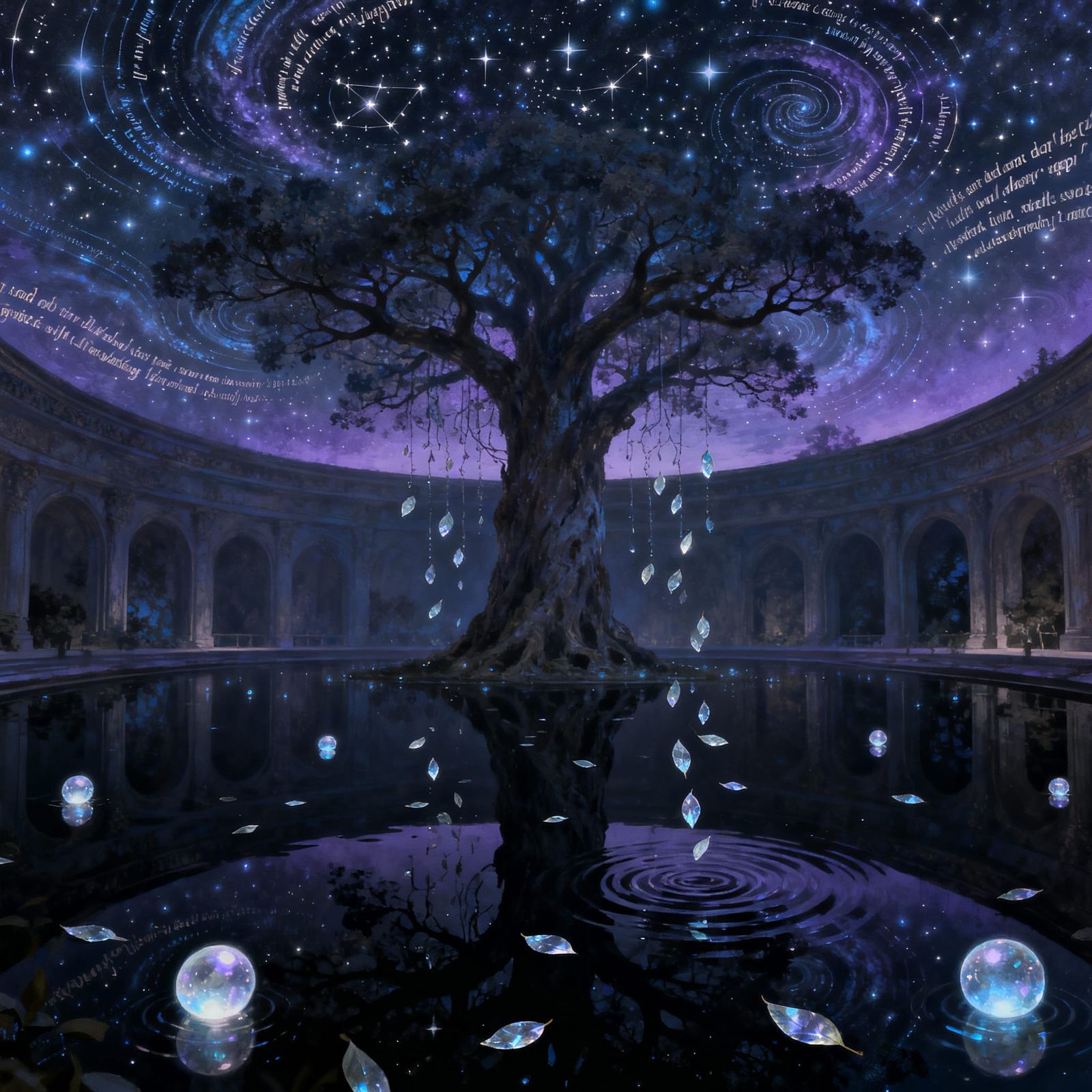 Vast Atrium Illuminated by Bioluminescent Words