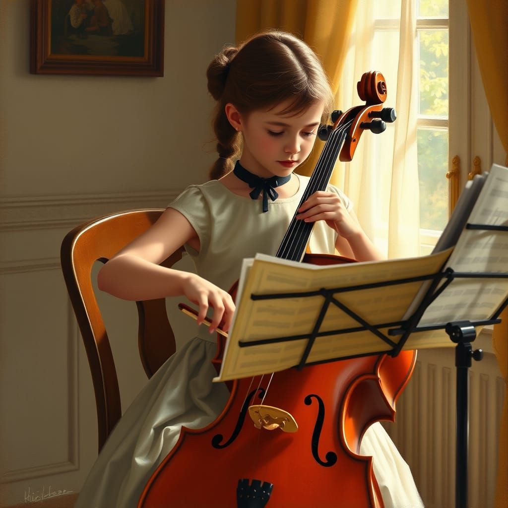 Girl Playing Cello in Golden Light, Classical Realism