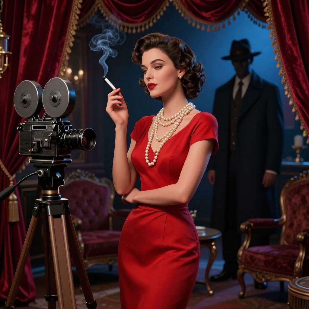 Hollywood Temptress in Shadowy Parlor