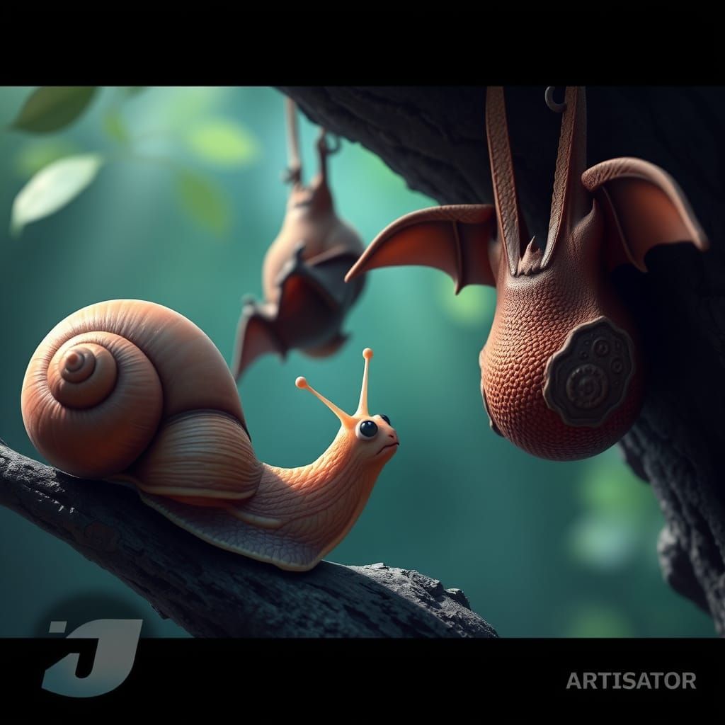 Snail's Curious Gaze at Bat, Detailed Digital Art