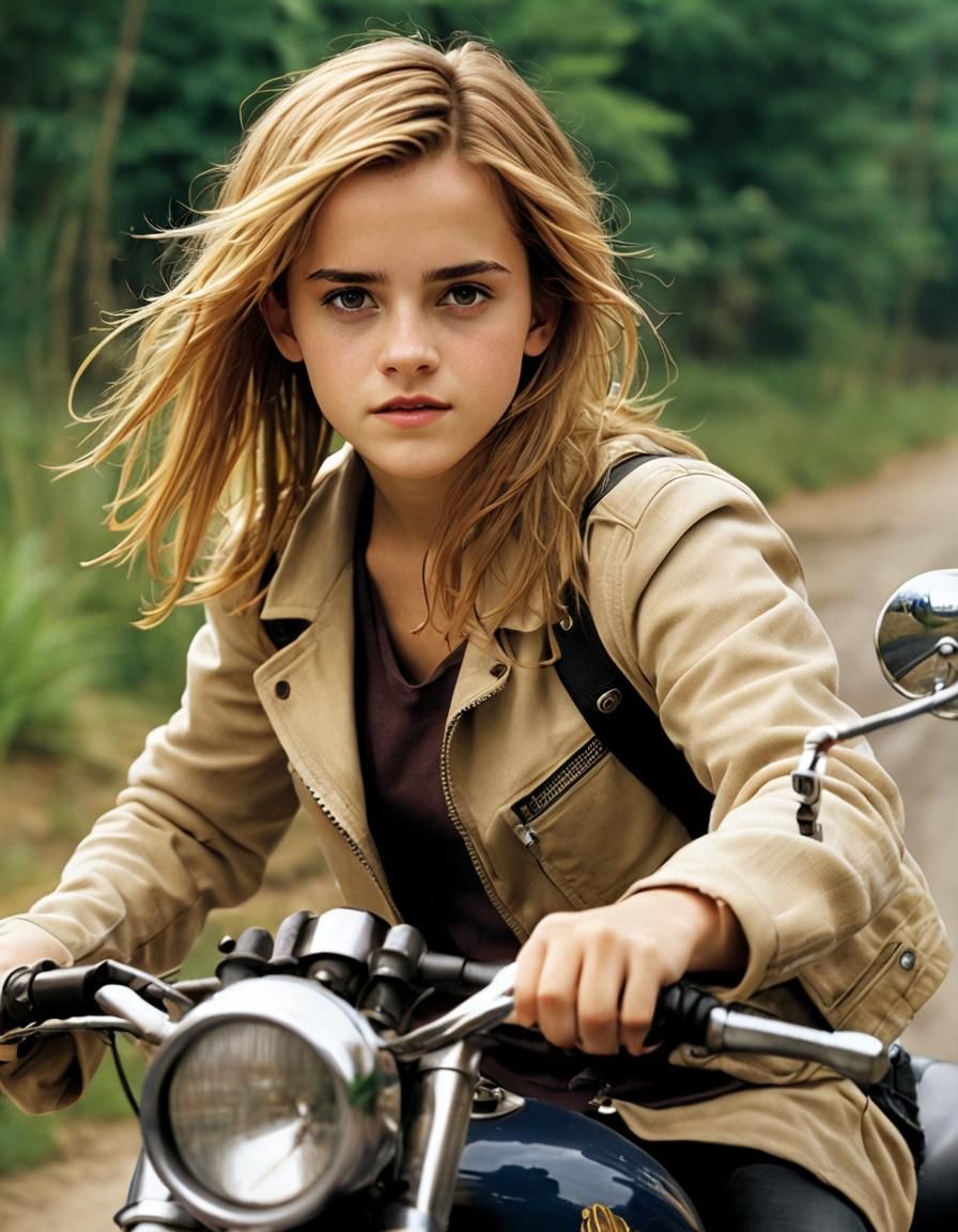 Young Emma Watson in a motorcycle