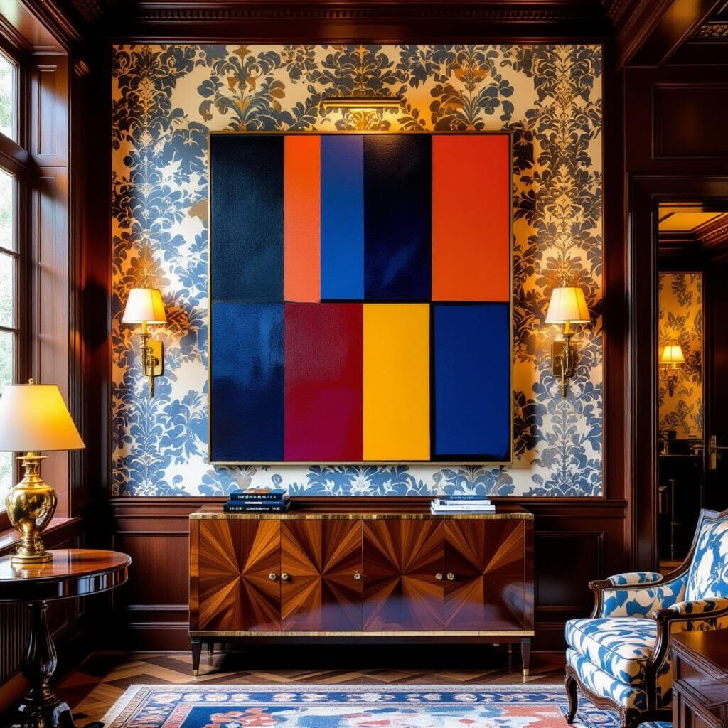 Geometric Abstract Stripe Painting in Opulent Room