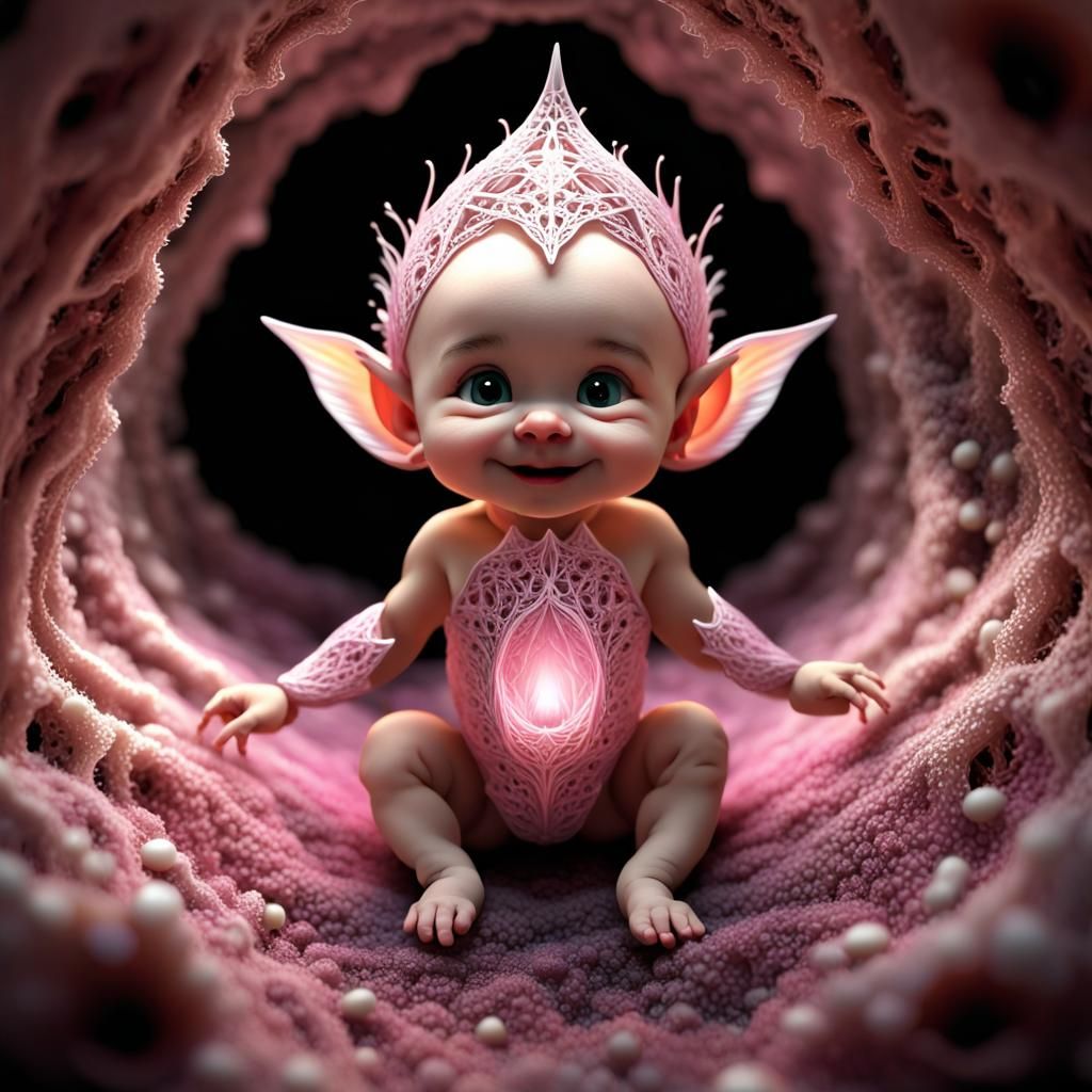Surreal Baby Elf in Whimsical Bioluminescent Cave