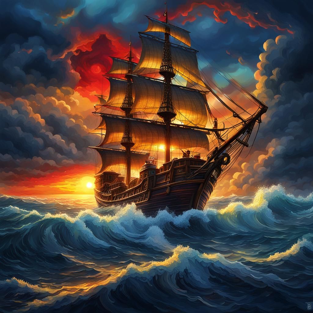 Pirate Ship Rides Sea Storm Under Sunset in Hyper Realistic...