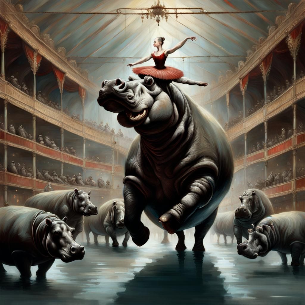 Elegant Ballerina Performs on Hippo Backs in a Surreal Circu...