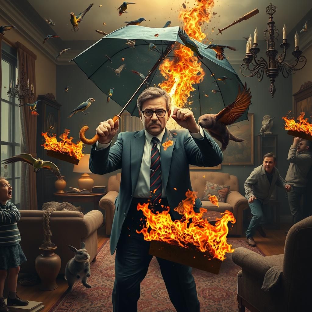 Surrealist Mayhem Unfolds in a Burning Living Room Scene