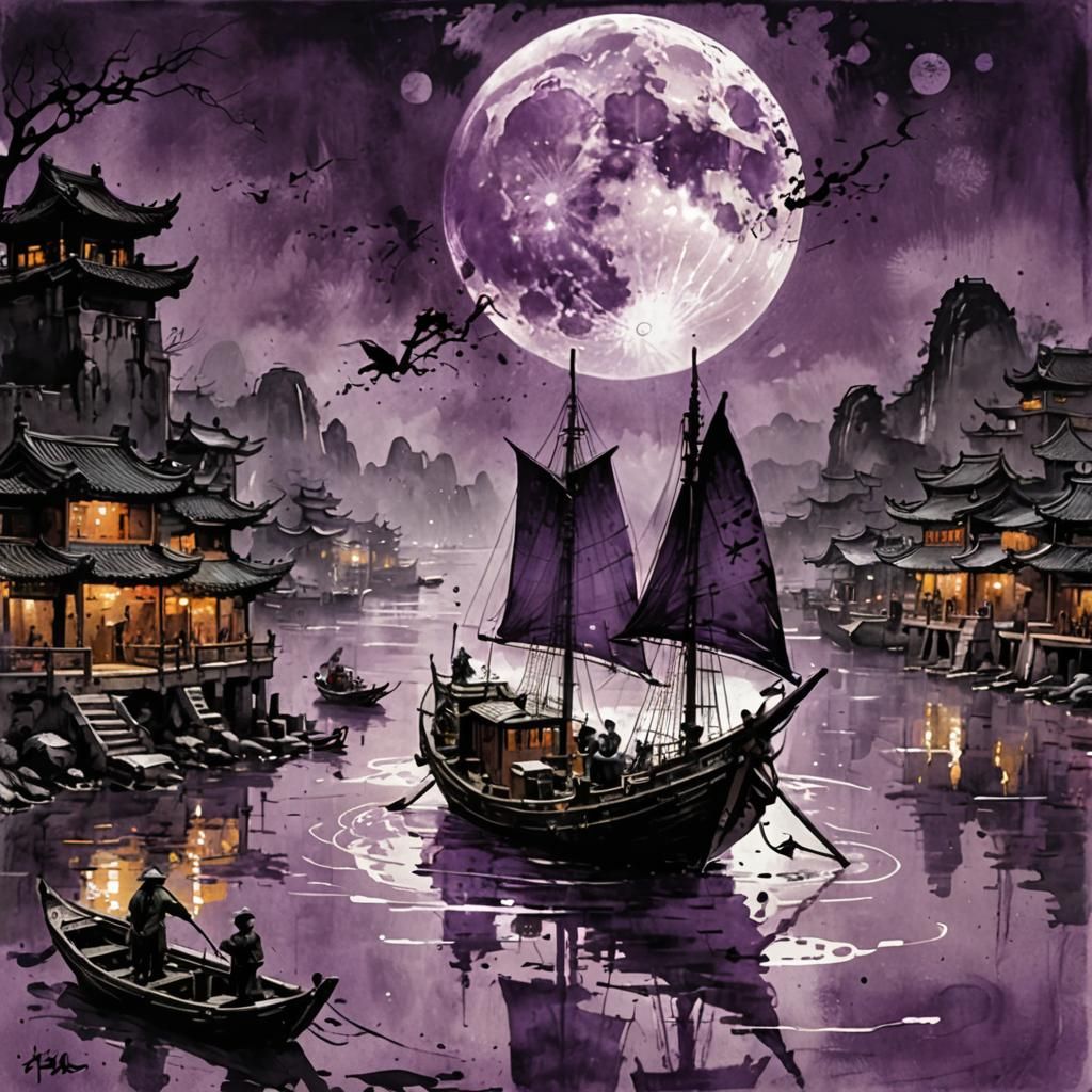 Epic Monochromatic Purple Masterpiece of a Chinese Harbour a...