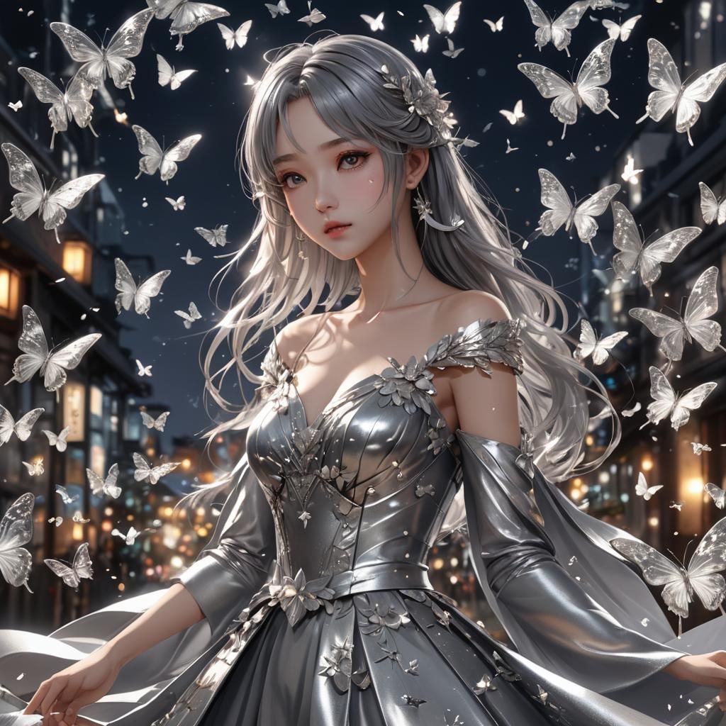 Nighttime view, an anime girl in silver dress gown, with oth...