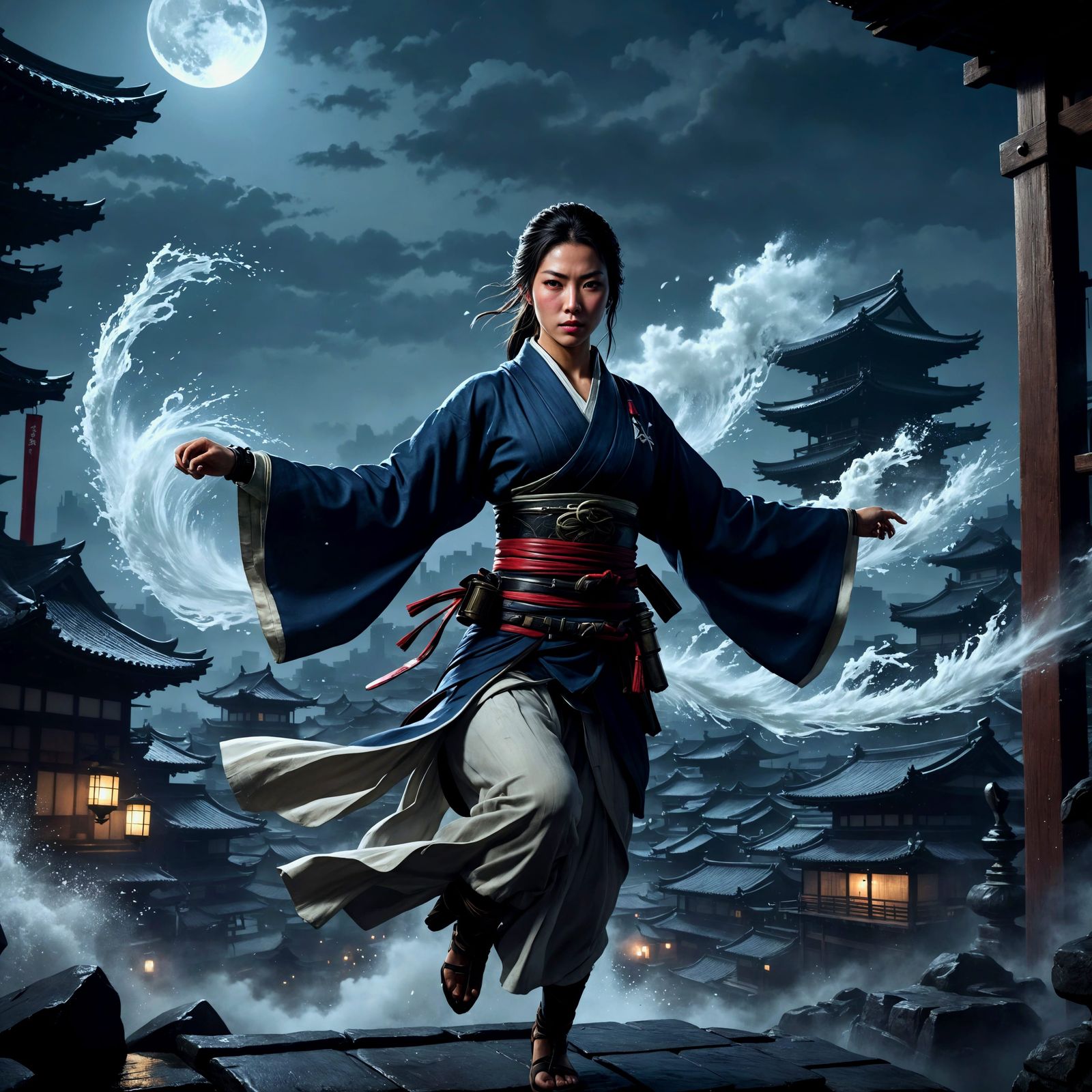 Medieval Assassin Lady Soars Through Moonlit Edo Japan