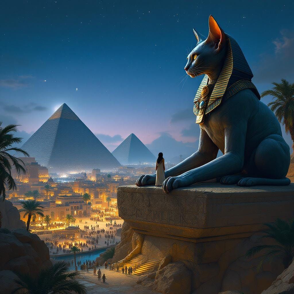 Majestic Sphinx Cat Overlooking Ancient City, Digital Art