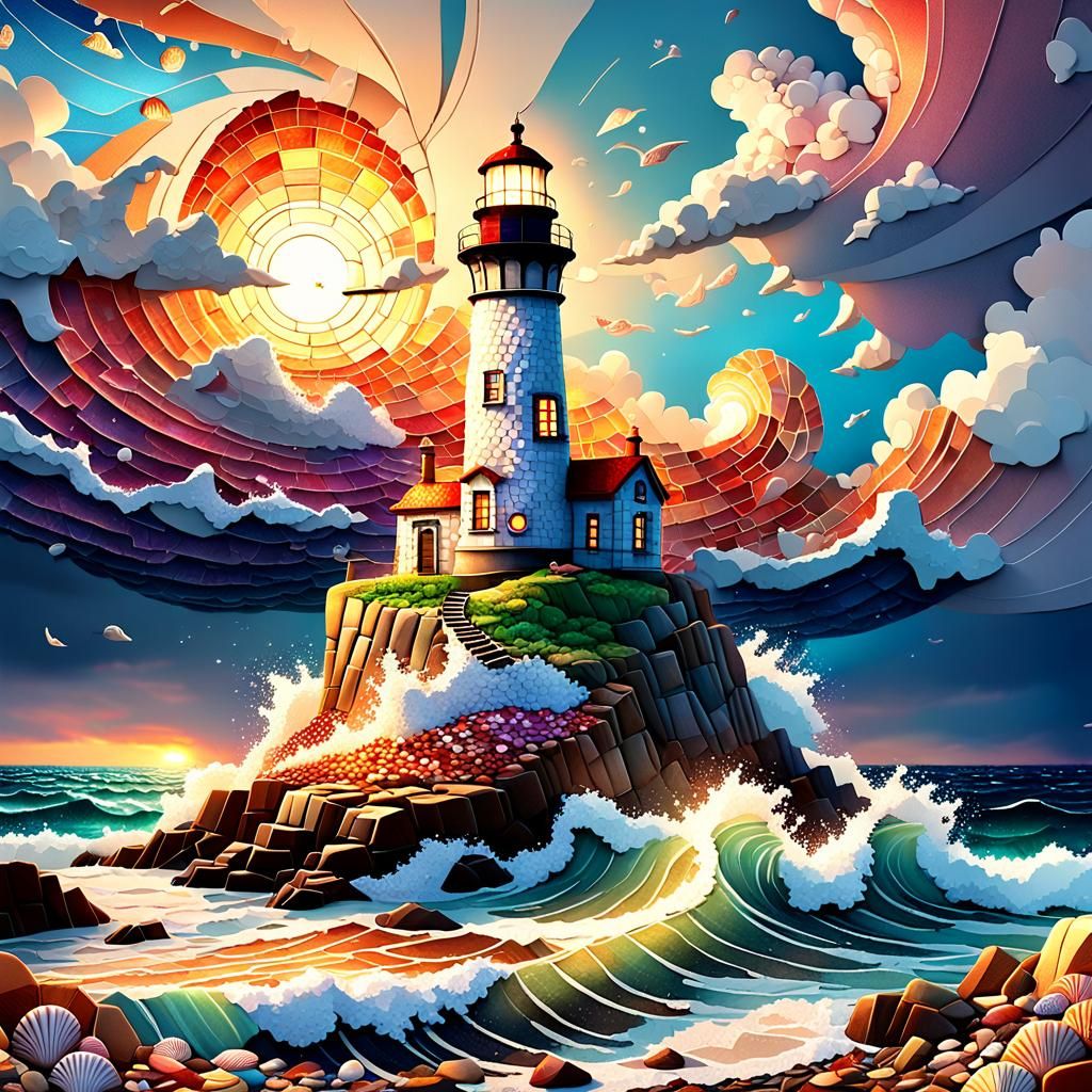Whimsical Lighthouse Scene in Vibrant 3D Embossed Mosaic