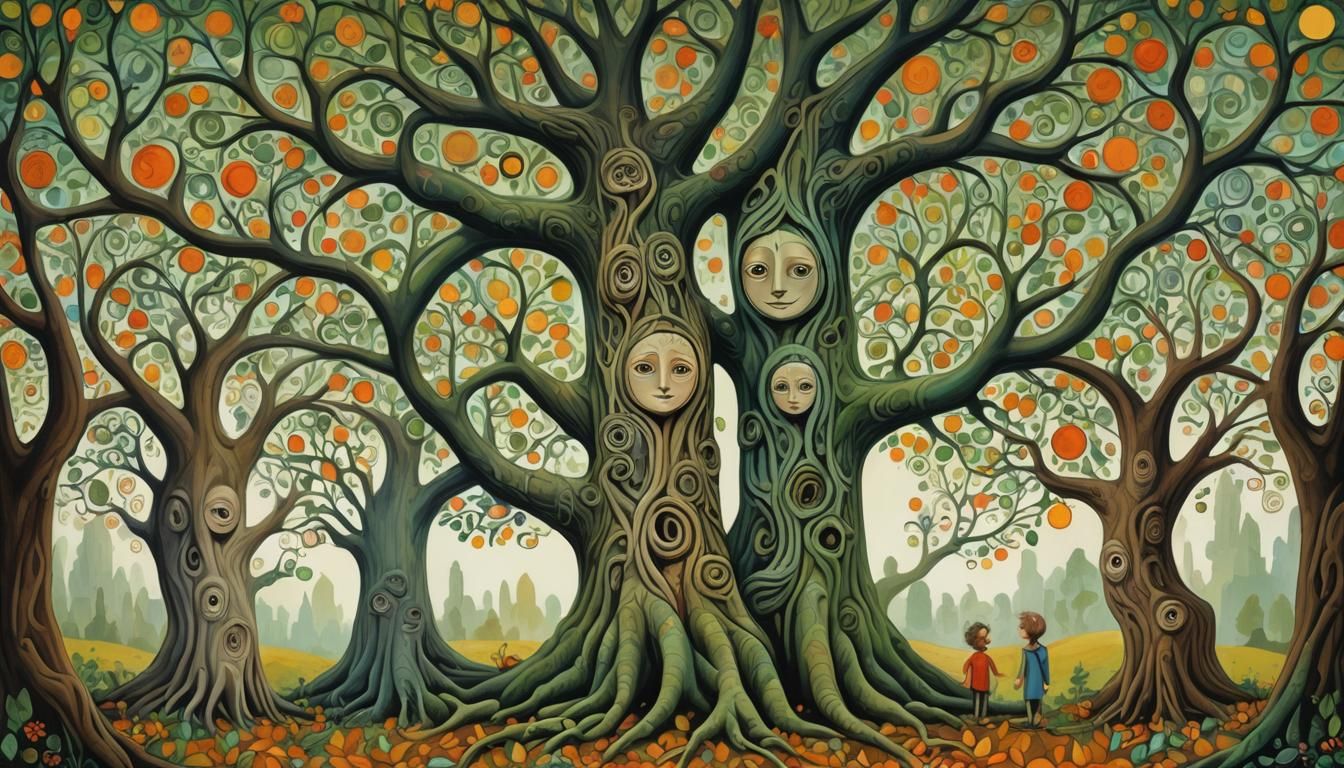 Enchanting Trees Embrace Under Aurora, Graffiti Art