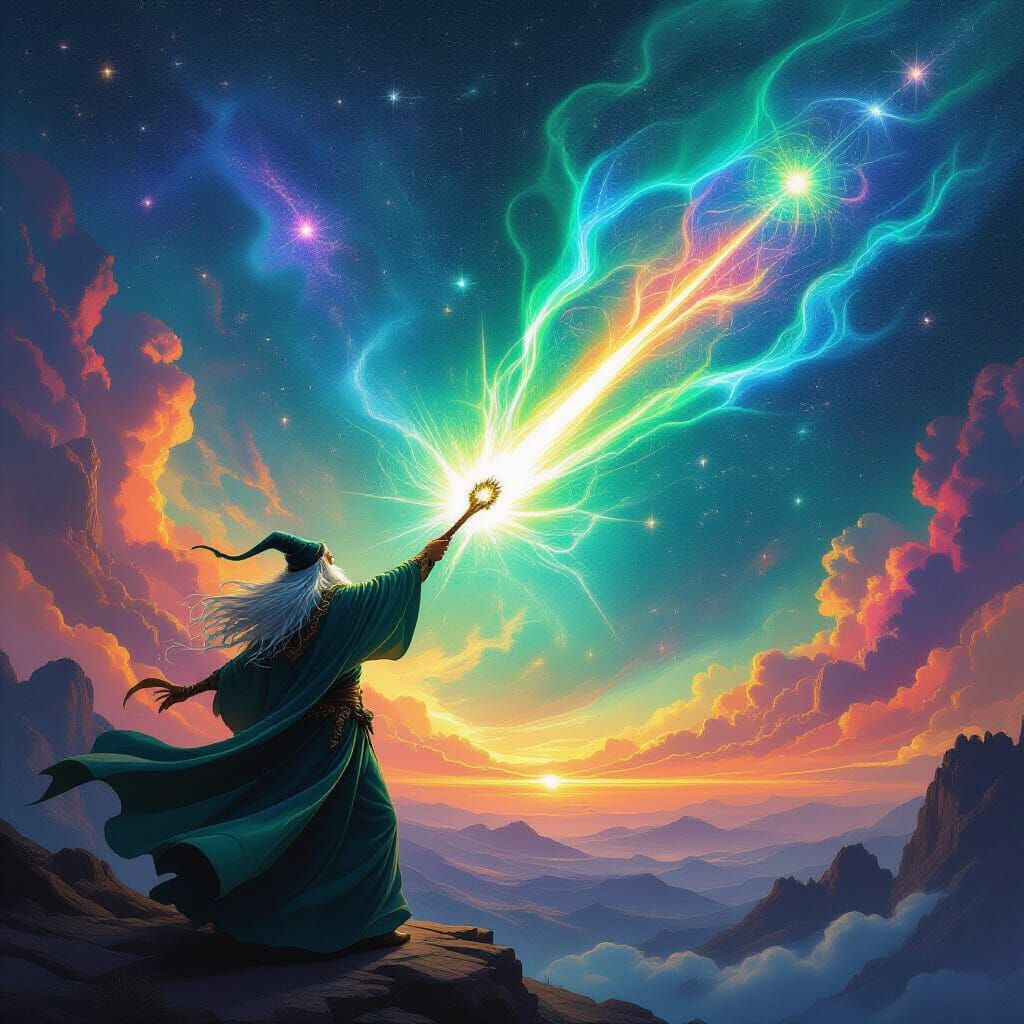 Merlin Conjures Abstract Comet in Psychedelic Nebula Skyline