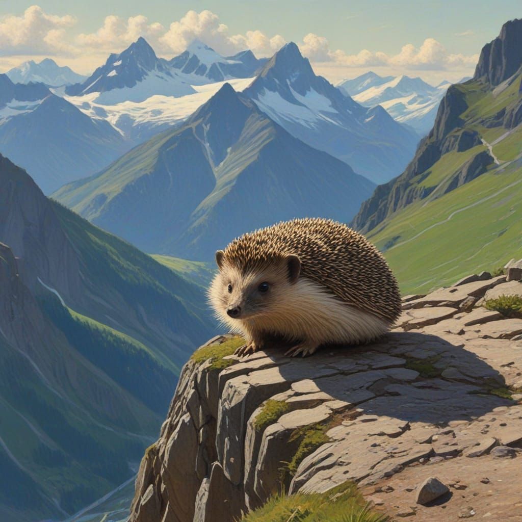 Hedgehog in Swiss Alps Landscape in Style of Levitan and Ken...