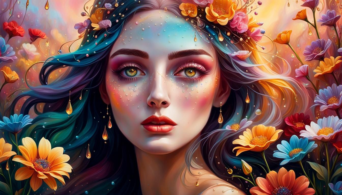Dreamlike Girl in a Fantastical Floral Scene, Oil Painting S...