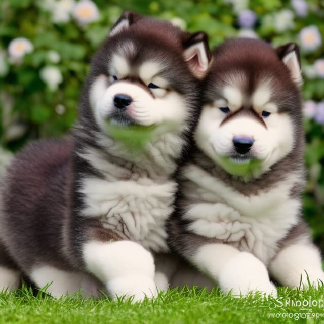 Vibrant Malamute Puppies Play in a Serene Garden, Captured i...