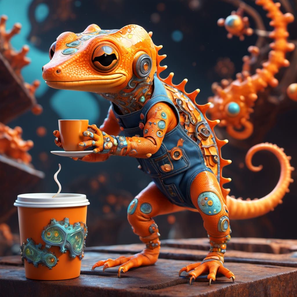Whimsical Orange Gecko Hybrid in Vibrant Fractal Landscape