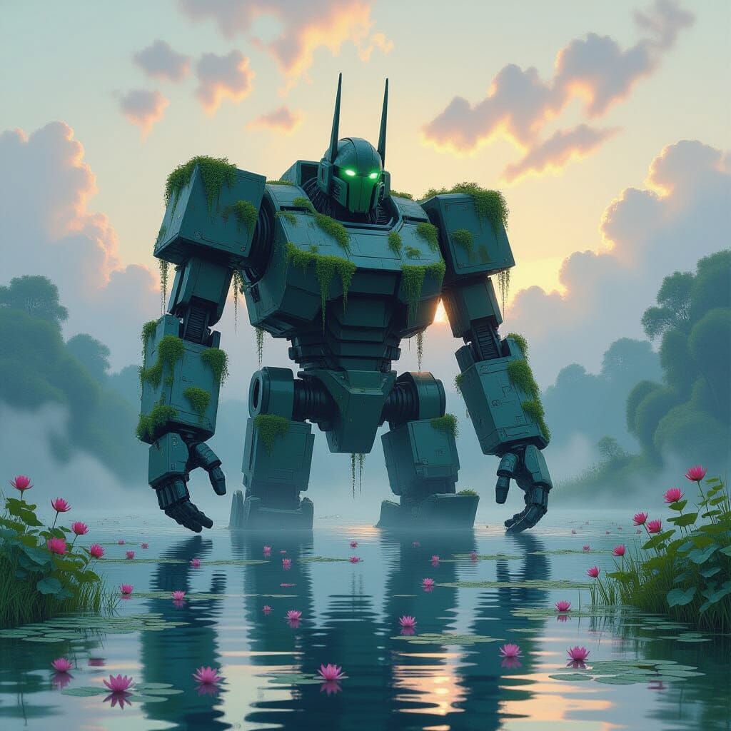 Ancient Robot Centurion in Misty Lake, Oil Painting Style