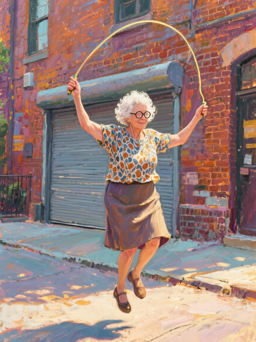 Joyful Elderly Woman Skipping Rope as Oil Painting