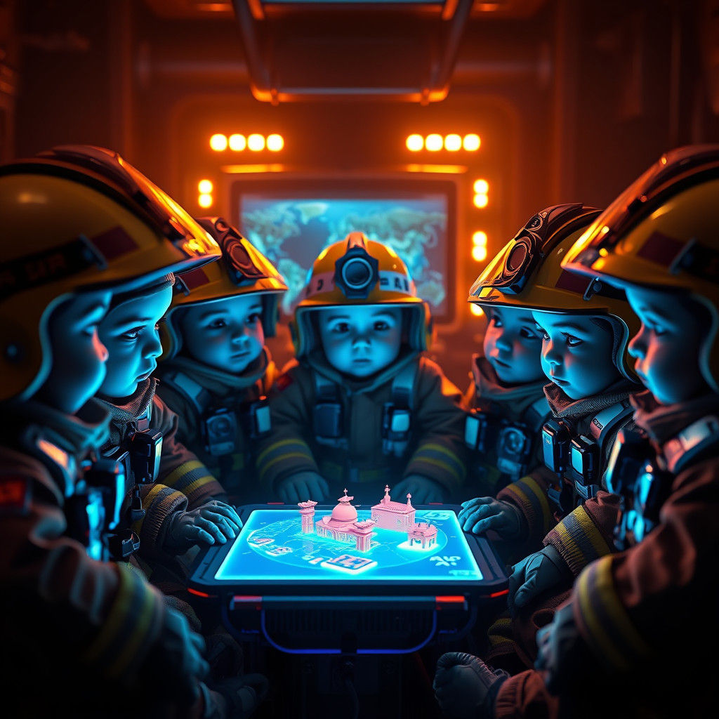 Mighty Miniature Firefighters Huddle Over Rescue Mission Bri...