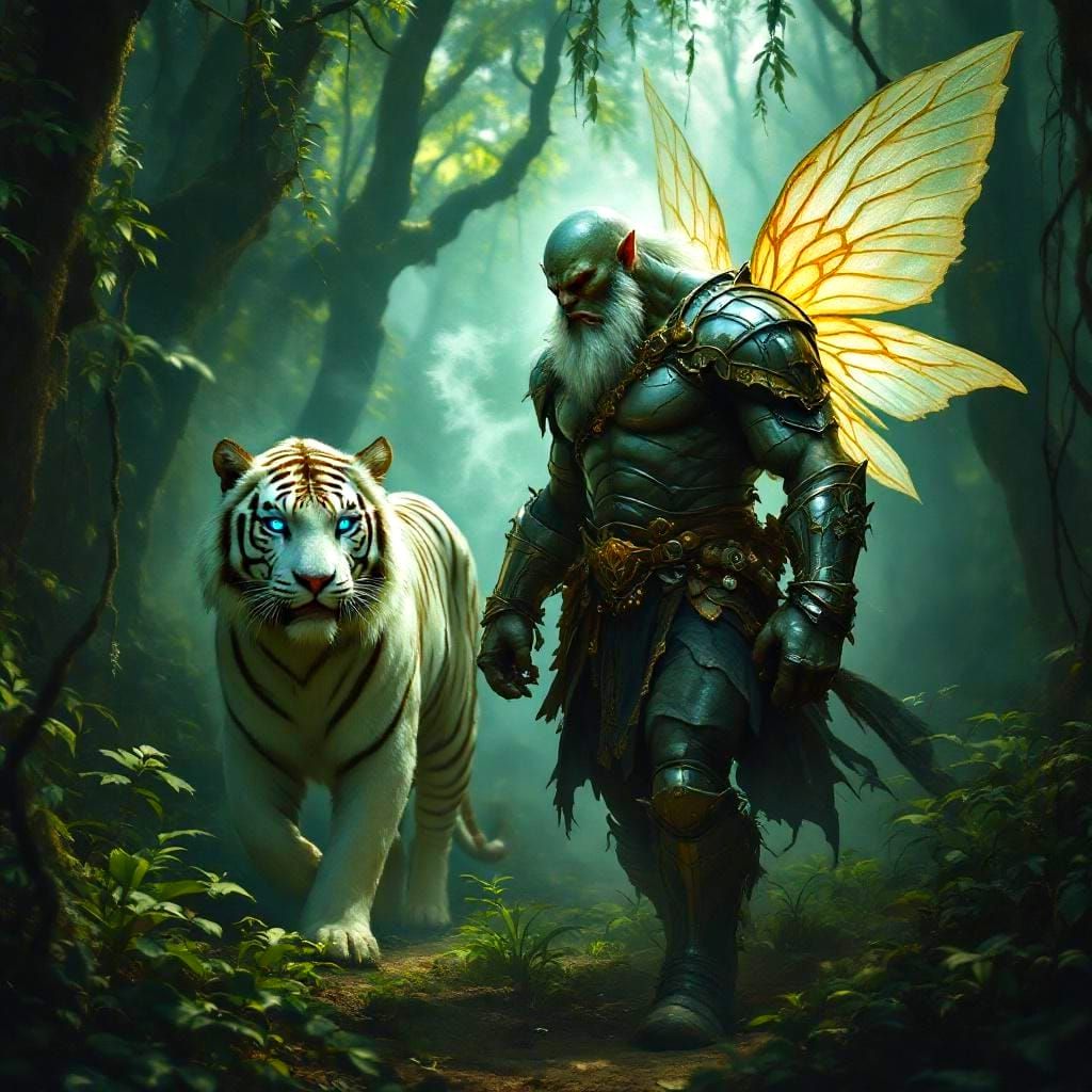 Orc, Fairy, and Tiger in Art Nouveau Style