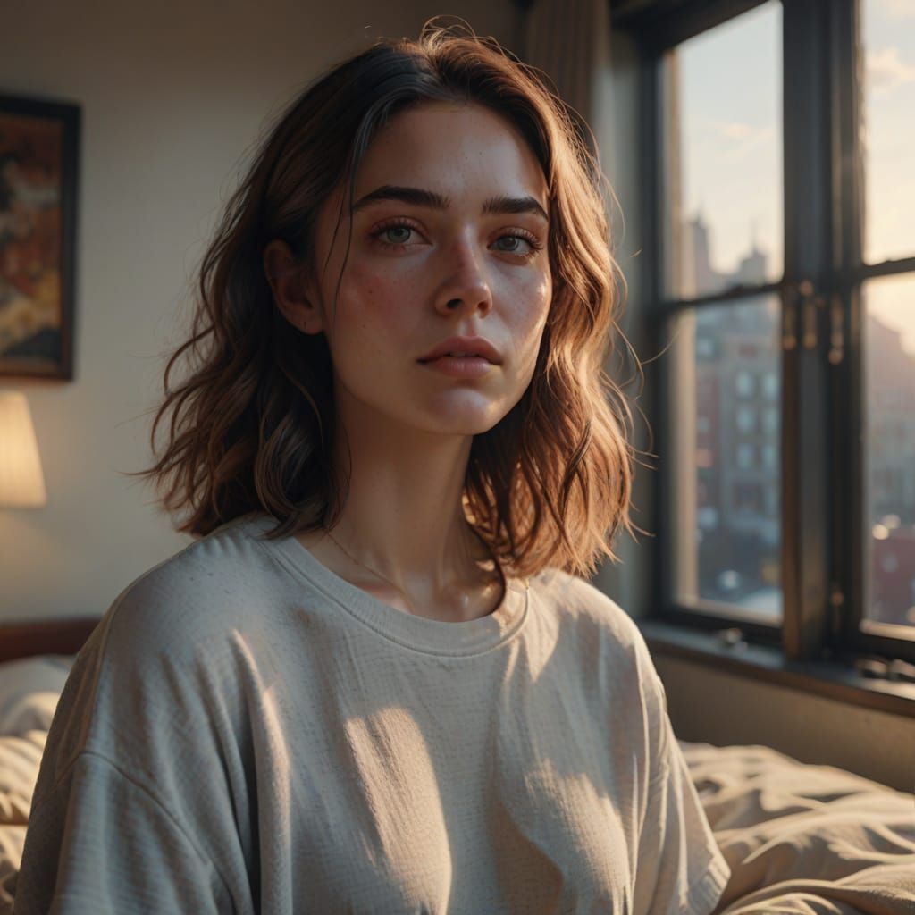 Semi-Realistic Portrait of a Young Woman in a Modern Bedroom