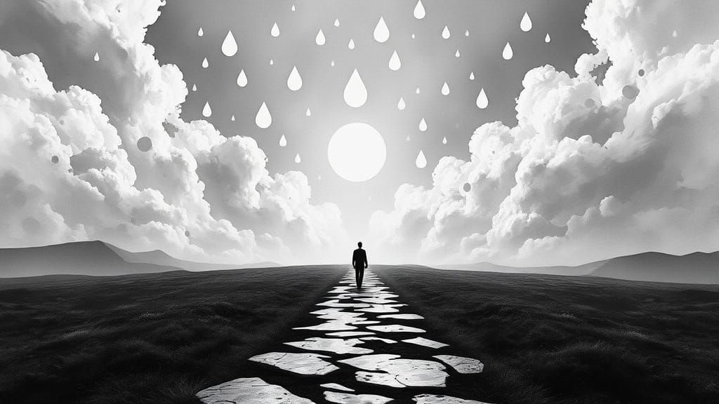 Surreal Figure in Monochromatic Landscape with Dramatic Cont...