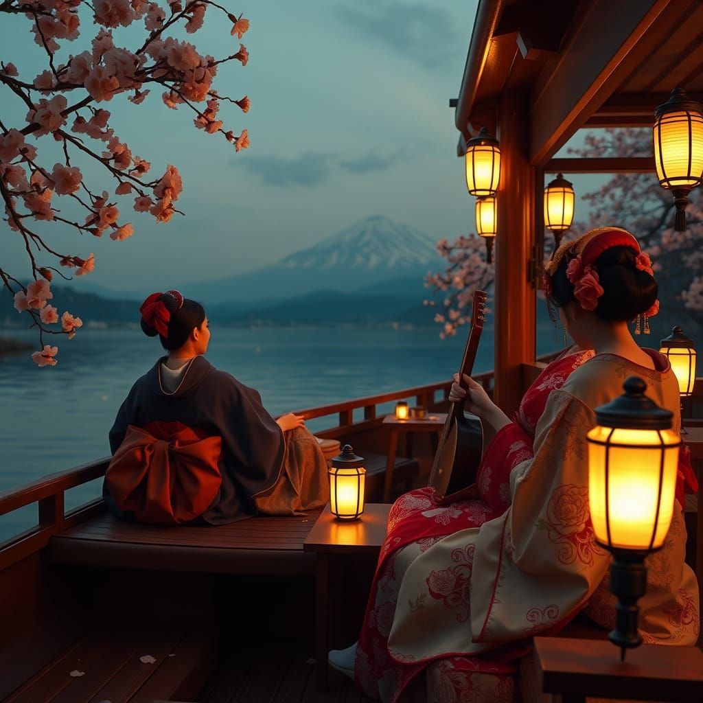 Edo Period Japanese Pleasure Boat Scene with Mount Fuji