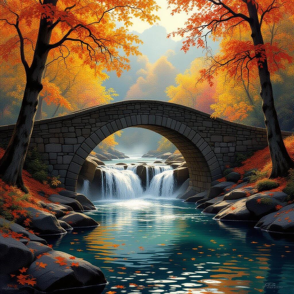 Ancient Stone Bridge Over Autumn River and Waterfalls