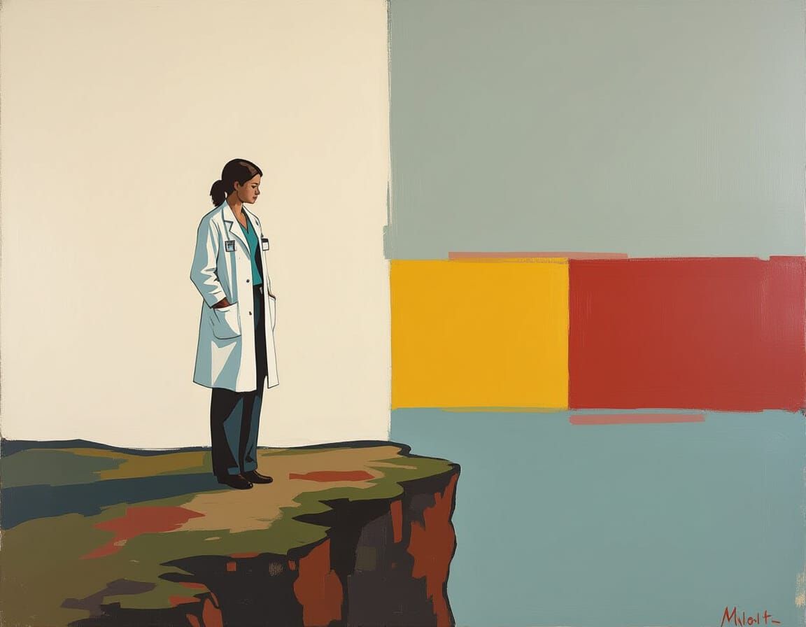 Distressed Nurse on Cliff Edge in Rothko Style