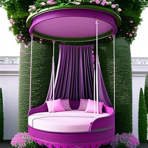 Magenta pink Gothic Round Swing Bed with Pergola Roof and Pl...
