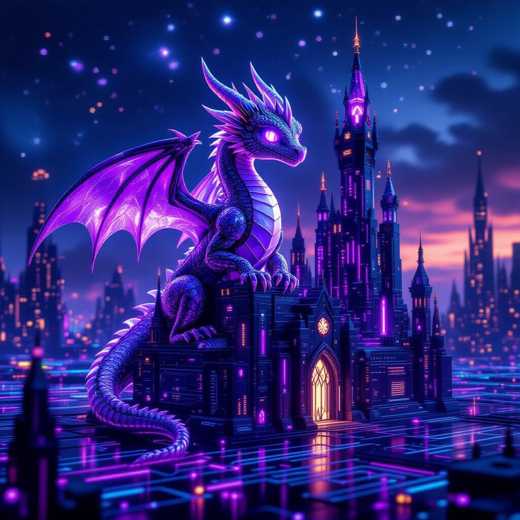 Amethyst Dragon on Cybernetic Gothic Castle