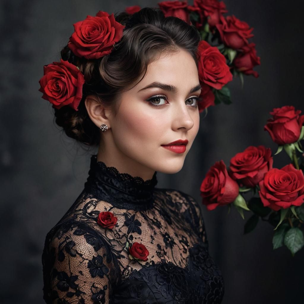 Elegant Black Lace Portrait with Crimson Roses