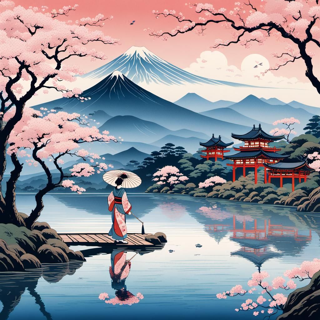 Traditional Japanese Riverscape in Whimsical Ukiyo-e Style