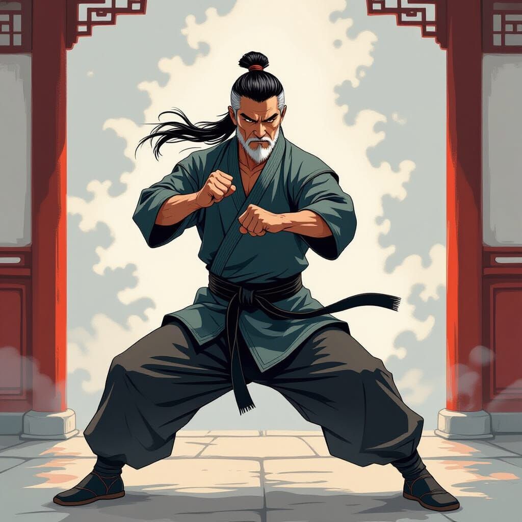 Elderly Man Practices Dynamic Martial Arts in Vibrant Style