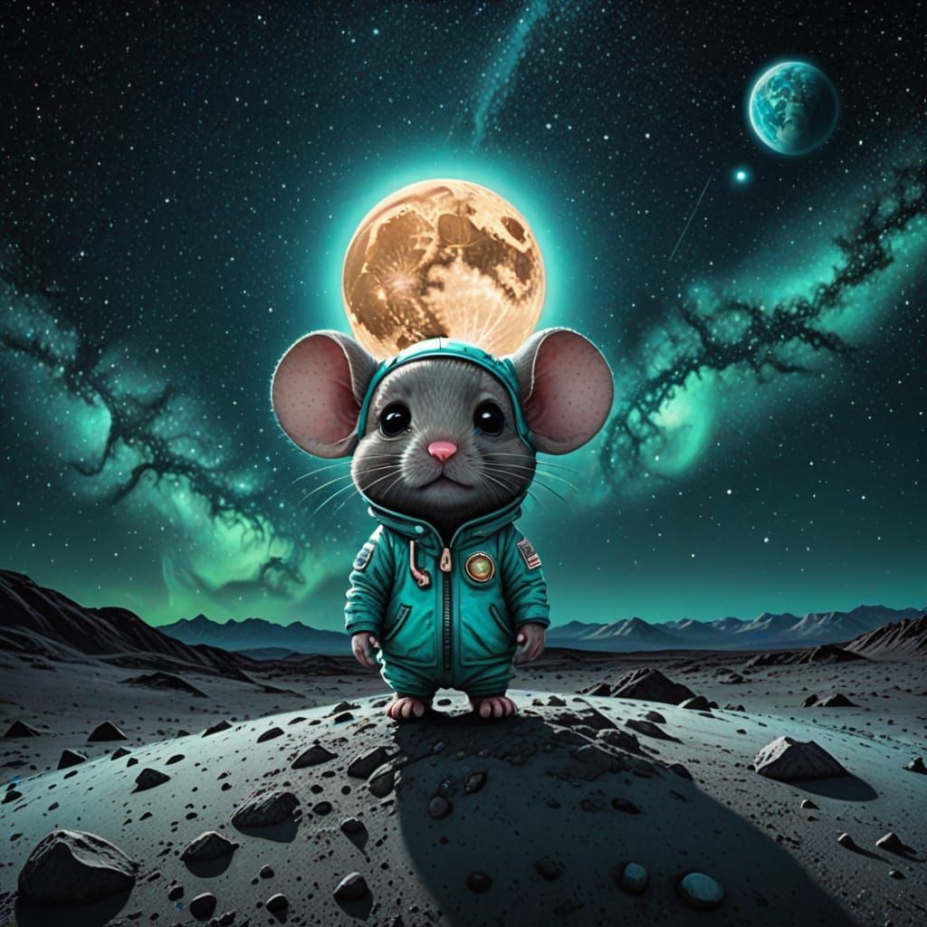Turquoise Chibi Mouse on Moon with Starry Sky