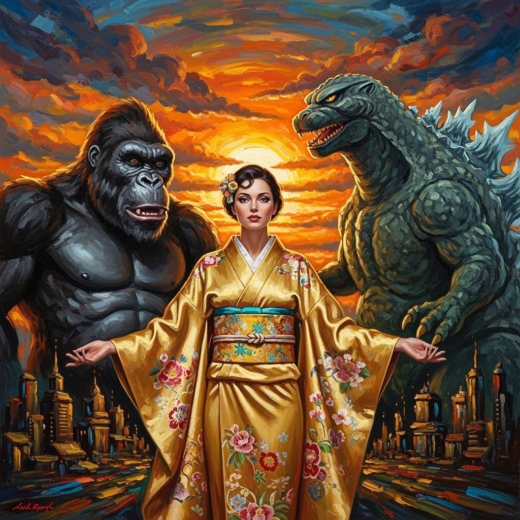 Serene Woman Confronts Godzilla and King Kong