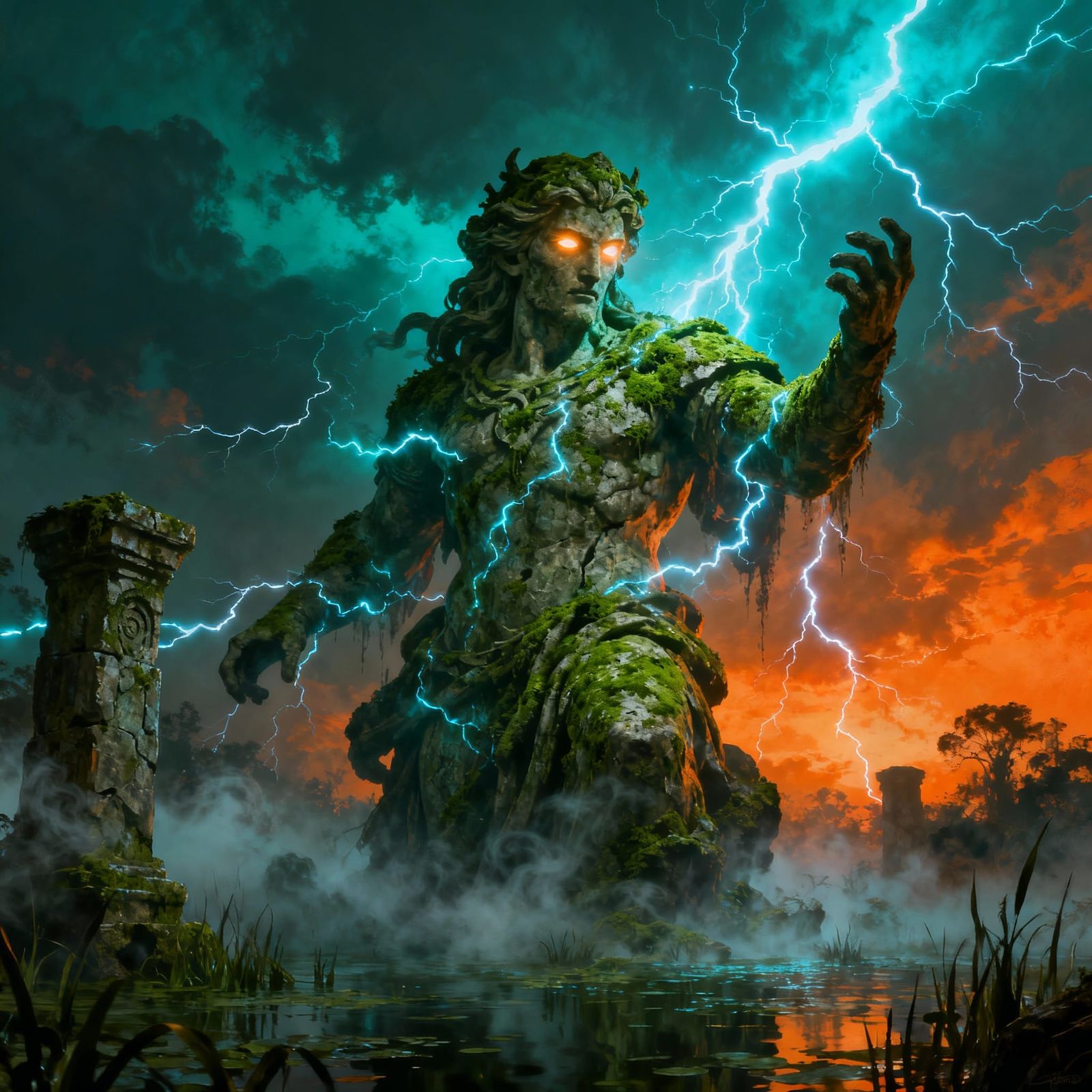 Awakening Ancient Deity Statue with Glowing Eyes and Lightni...