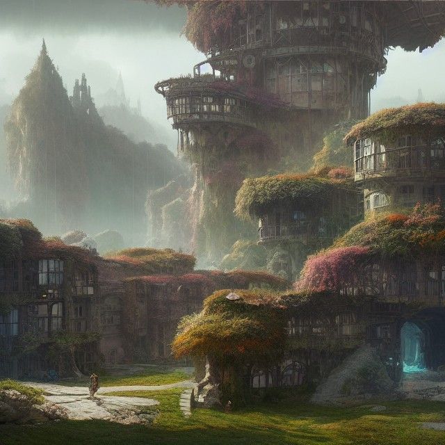 Hyperdetailed Ancient Future Castle in a Futuristic Garden