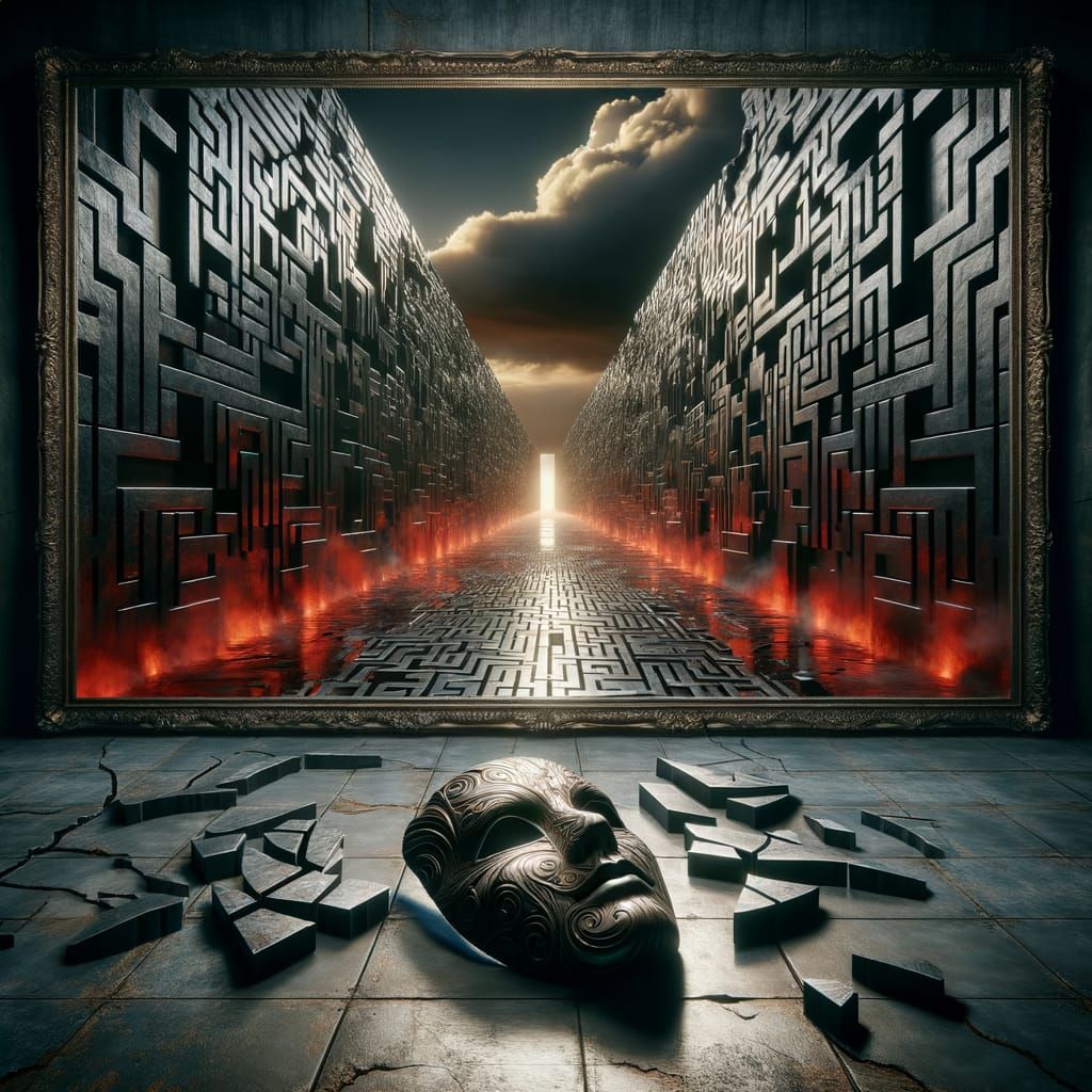 Cracked Mask and Maze Entrance Beyond the Mirror