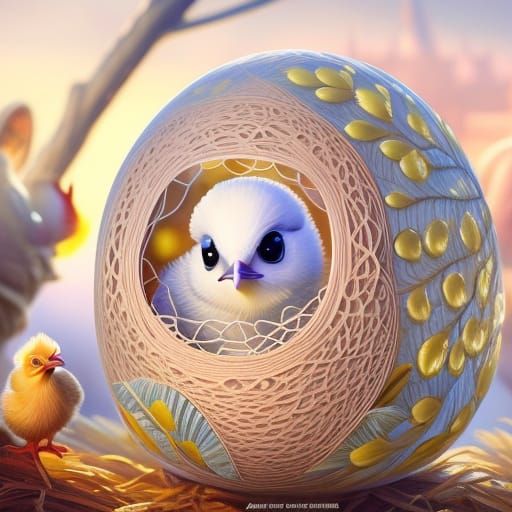 Charming Oil Painting of Baby Chicken Hatching