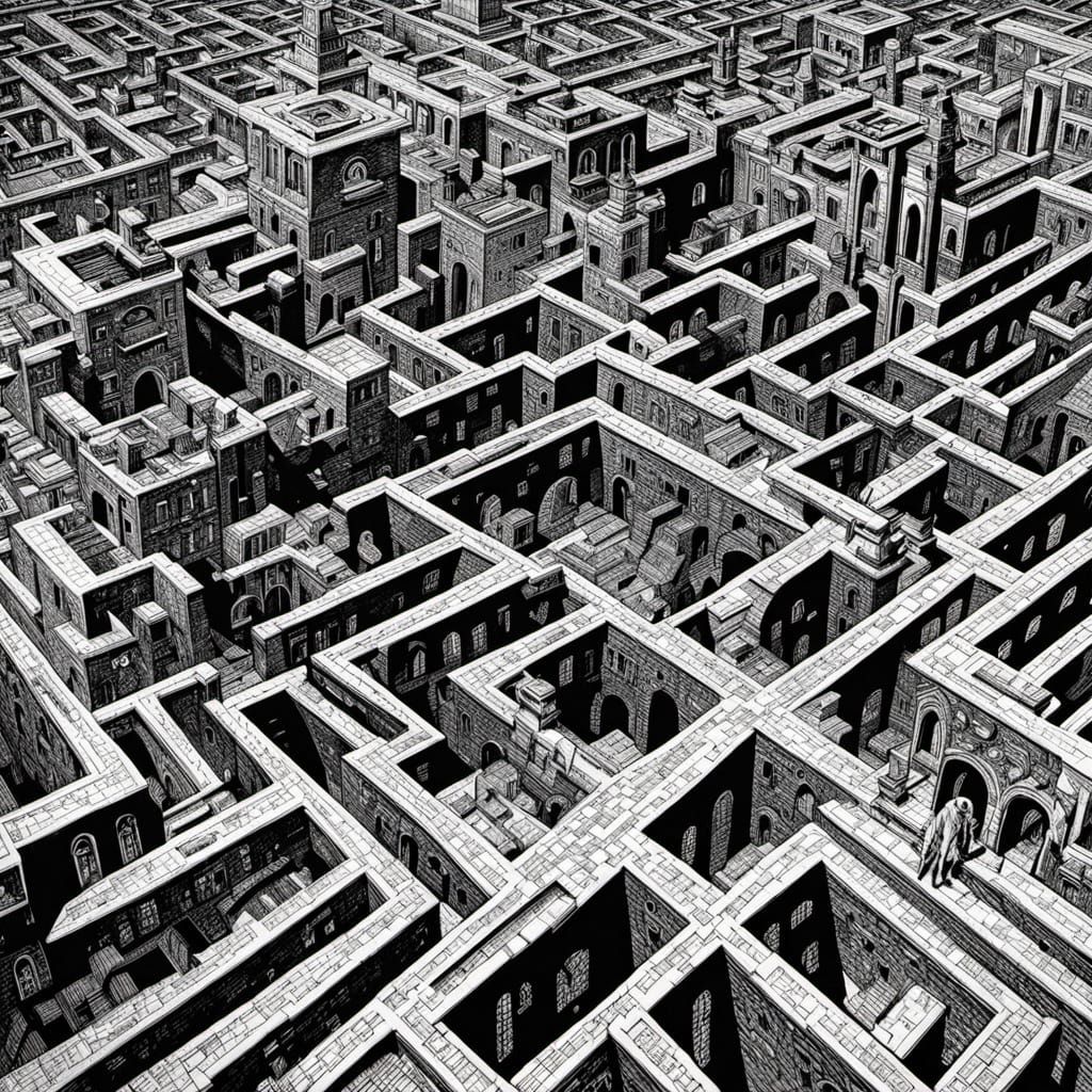 Surreal Alien in Escher-Inspired Impossible Architecture