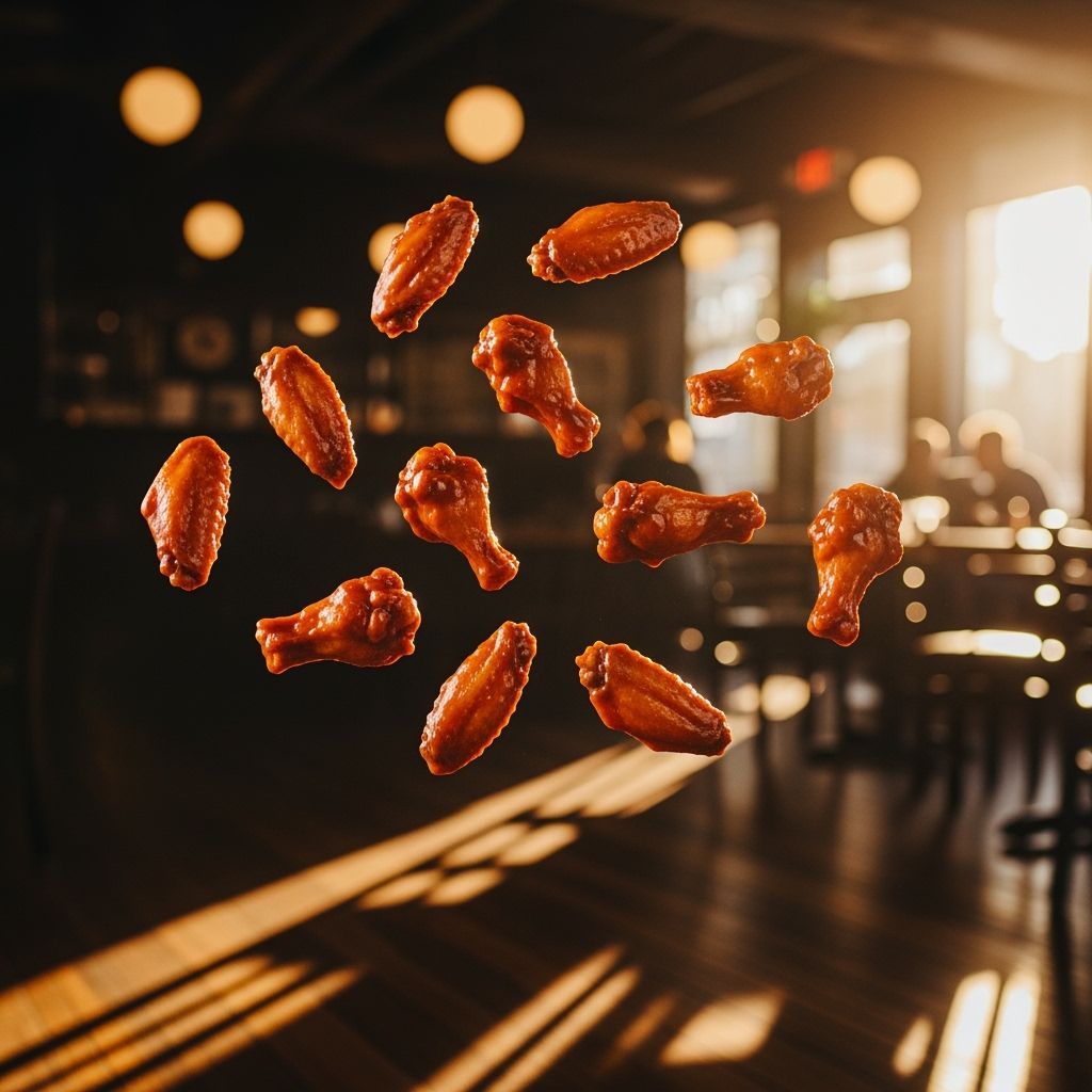 Flying Buffalo Wings in a Golden Hour Restaurant