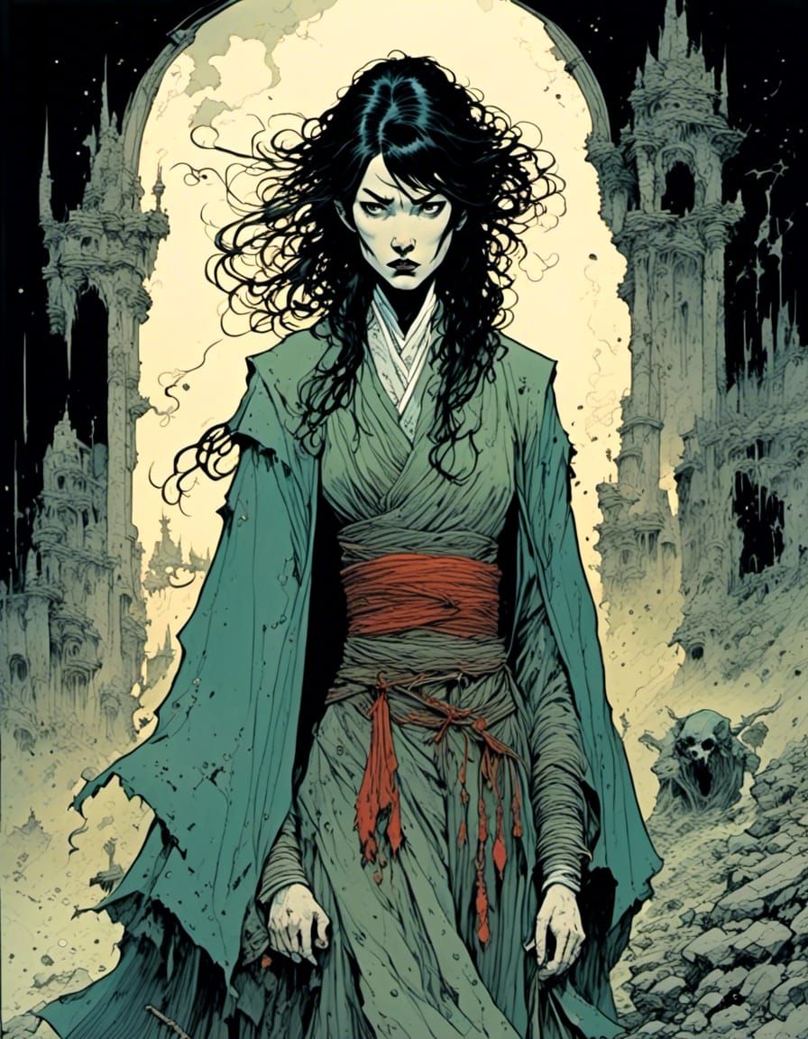 Ethereal Korean-German Sorceress in Ancient Castle Ruins