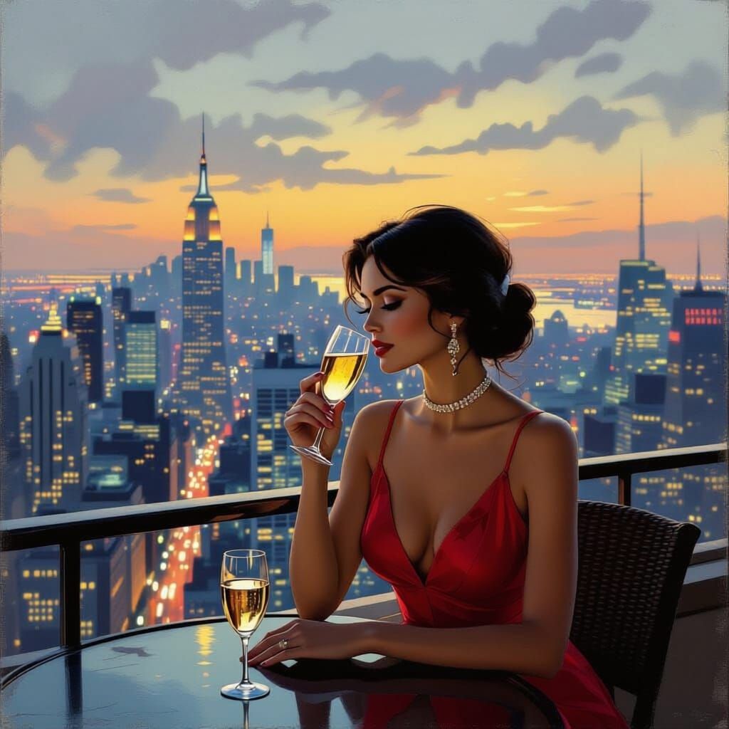 Woman Sipping Champagne on Neon-Lit Rooftop at Twilight