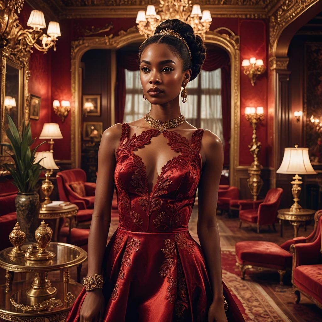 Sensual Red Velvet Goddess in Opulent Evening Elegance