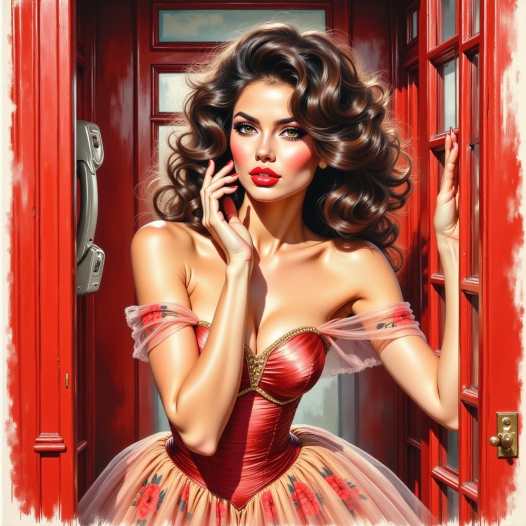 Pin-Up Girl Trapped in Phone Booth in Watercolor Style