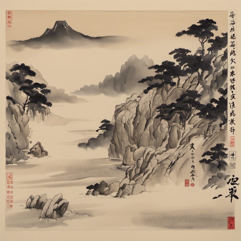 Traditional Japanese Brushwork in a Sumi-e Style