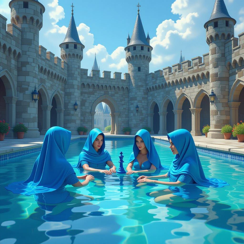 Chess Pawns Relaxing in Castle Courtyard Pool